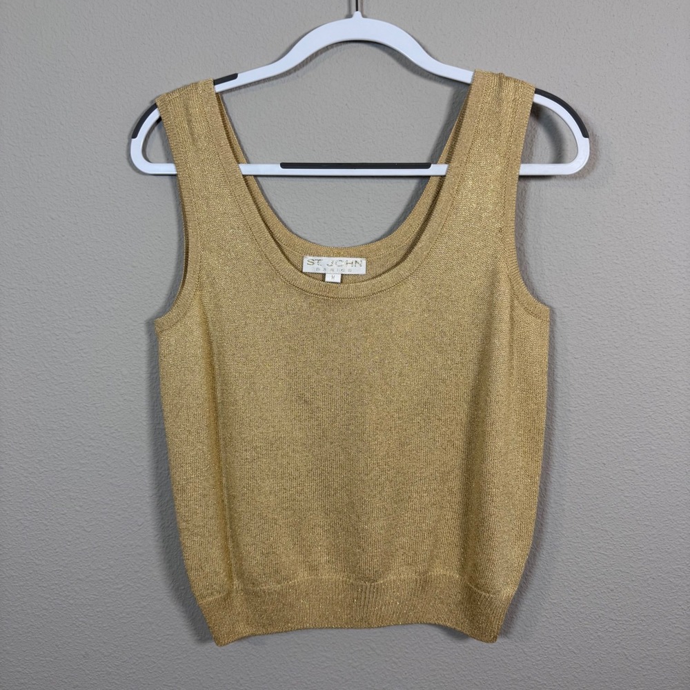 Vintage St John Basics Gold Metallic Knit Scoop Neck Tank Top Made in USA Size M